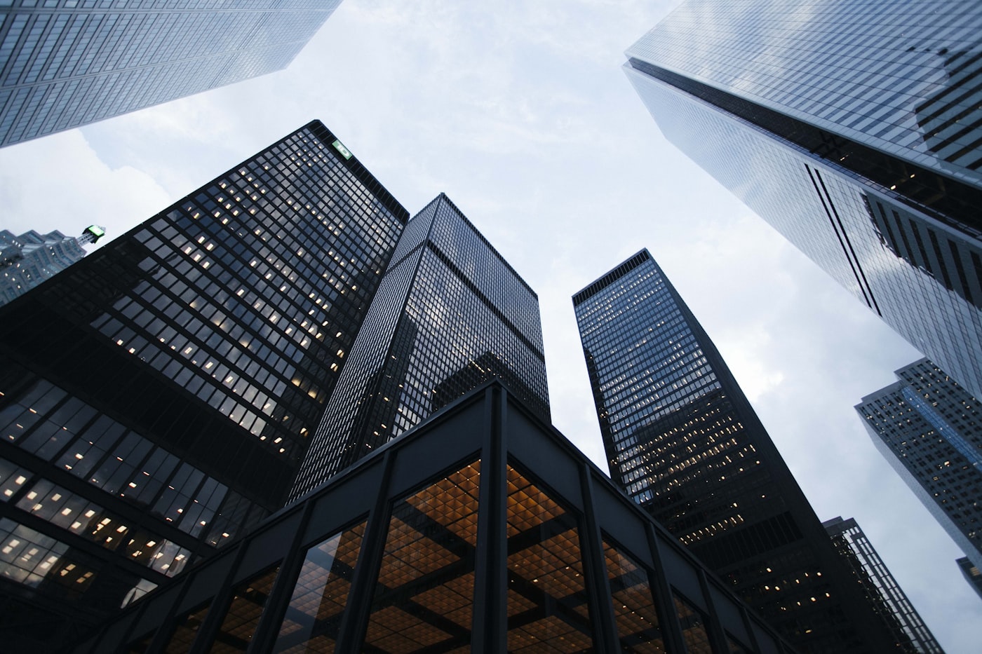 Modern glass building architecture looking up